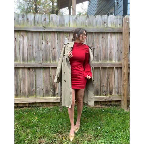 Y2K Vintage Red Bell Sleeve Dress Bodycon Date Night - Picture 2 of 10